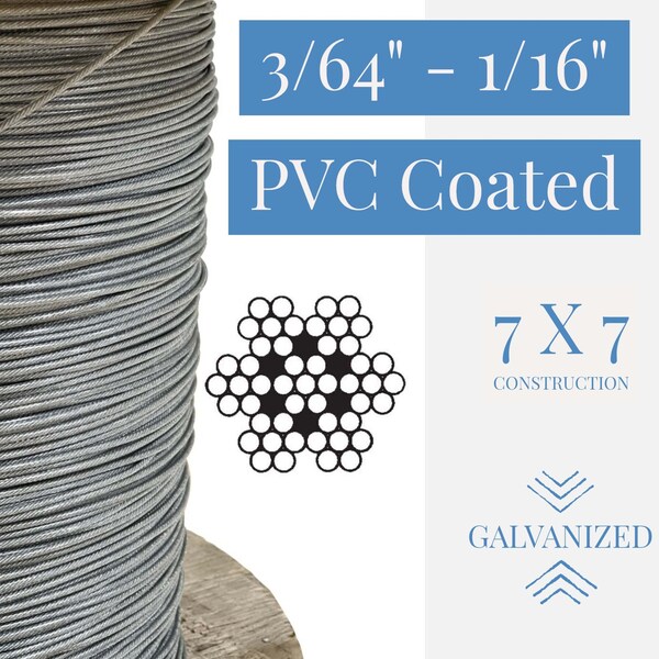 3/64 To 1/16 PVC Coated Clear Color Galvanized Cable 7x7 Strand Aircraft Cable Wire Rope, 50 Ft